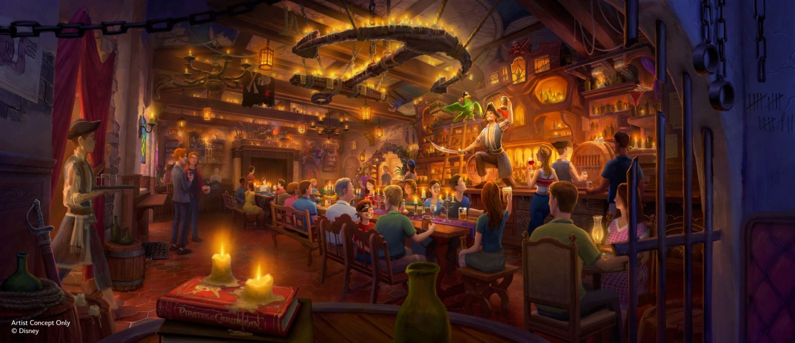 Concept art of The Beak & Barrel, Disney World's new Pirates of the Caribbean themed lounge at Magic Kingdom.